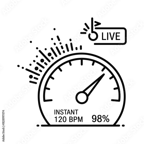 Line icon of a speedometer measuring instant 120 bpm and 98 percent live