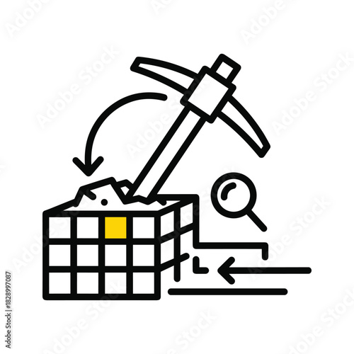 Data mining icon with pickaxe digging into block and magnifying glass for analysis