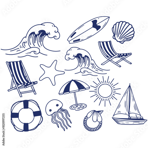 Marine life icons set of sea animals and fish vector illustrations for summer travel and nautical design