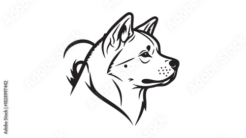 Stylized portrait of a Japanese Akita dog head in profile. A minimalist black and white graphic icon for a pet club or veterinary clinic
