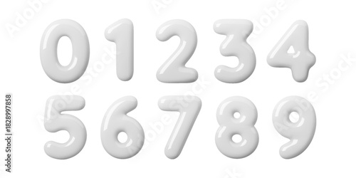 Soft 3D number set in glossy white balloon style. Smooth inflated digits look bright and minimal, perfect for modern layouts. Clean white shine and rounded 3D number forms create a playful aesthetic