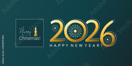 Merry Christmas. Postcard. Happy New Year. Dark green background with gold numbers 2026. 