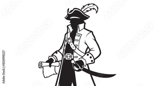 Silhouette of a Pirate with Sword and Scroll, Ideal for Historical or Themed Designs