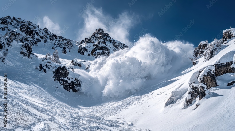 Fototapeta premium Snow tumbles from steep mountain peaks as an avalanche occurs in bright sunlight against a blue sky.