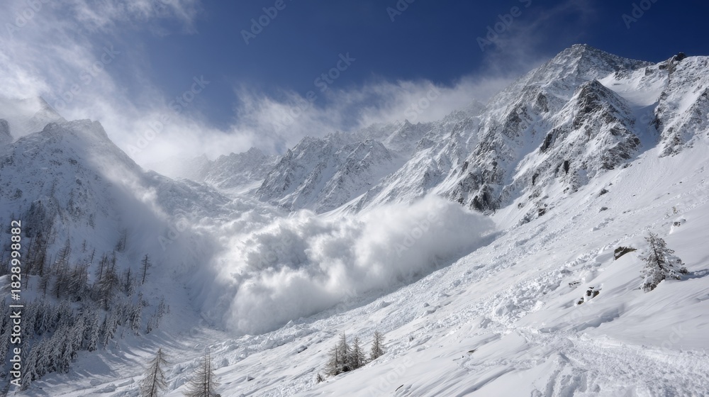 Obraz premium A powerful avalanche surges down a steep mountain sending clouds of snow into the air while surrounded by towering peaks.