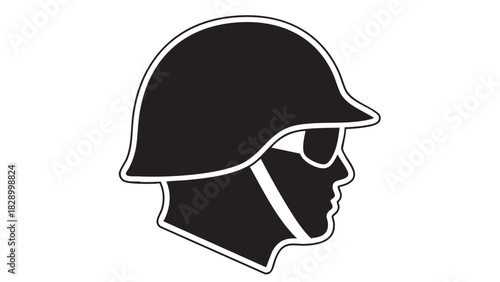 Silhouette of a soldier's head wearing a helmet and sunglasses, representing military personnel and protection