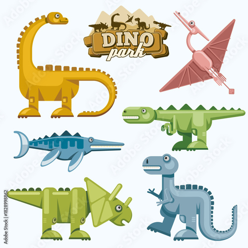 Flat Icons Set of Dinosaur and Prehistoric Animals