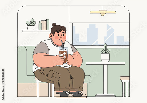 Man drinking iced coffee in modern cafe interior vector 