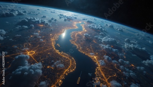 Fototapeta Naklejka Na Ścianę i Meble -  Planet earth viewed from space shows large body of water surrounded by illuminated city lights at night. Clouds drift over land, obscuring parts of urban glow. Lone ship sails on dark water below.