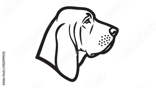 Minimalist line art icon of a Bloodhound dog head in profile, a simple black and white vector illustration for a logo or emblem design