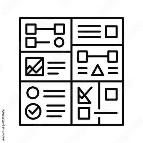 Black and white icon representing a complex task board with various diagram elements and checklists
