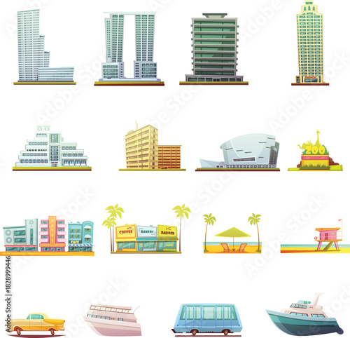 Miami Transportation and Landscape Elements Icons Set