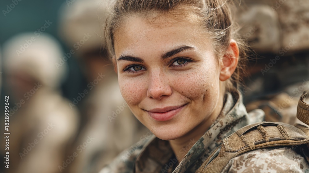 Fototapeta premium A soldier smiles brightly while wearing camouflage gear showcasing strength and resilience during exercises.