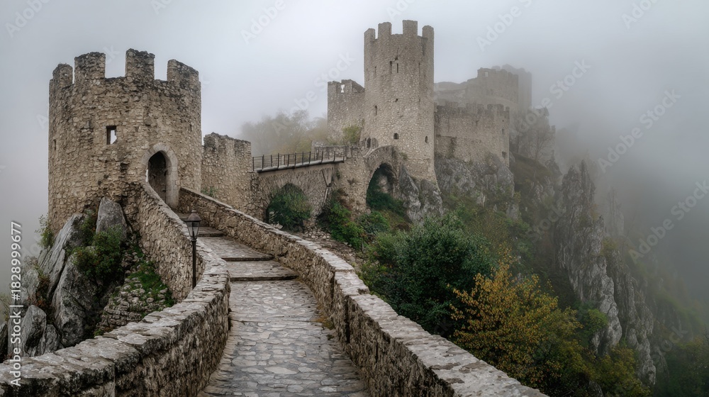 Obraz premium Mysterious castles rise from rocky cliffs in thick fog creating an enchanting autumn scene.