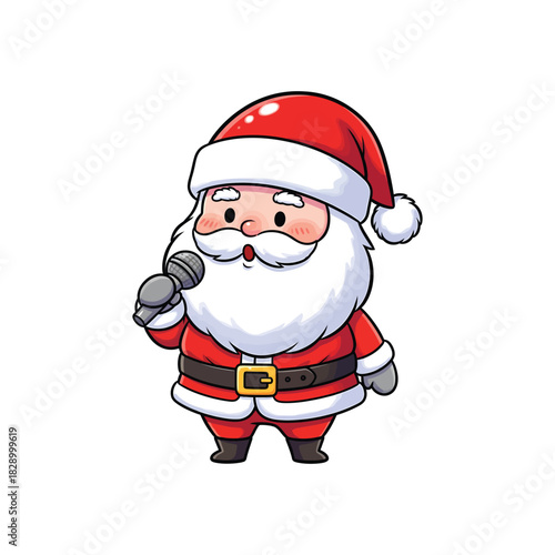 Cute cartoon santa claus singing with a microphone