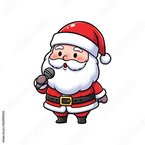 Cute cartoon santa claus singing with a microphone