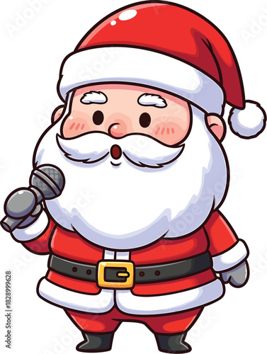 Cute cartoon santa claus singing with a microphone
