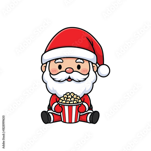 Cute cartoon santa claus sitting and holding popcorn bucket