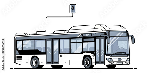 Modern vector illustration of a white electric bus or commuter trolleybus (e-bus), charging via pantograph at a charging station.