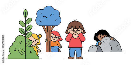Cheerful vector illustration showing three young children playing the game "hide and seek