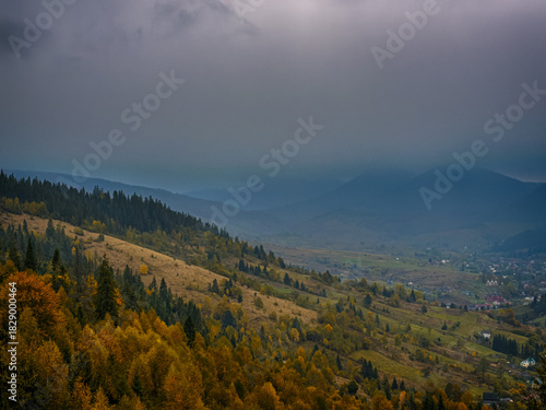 Misty Autumn Rain Clouds over Ukrainian Carpathian Mountains.