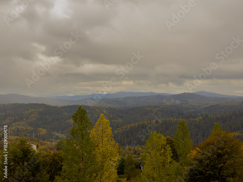 Misty Autumn Rain Clouds over Ukrainian Carpathian Mountains.
