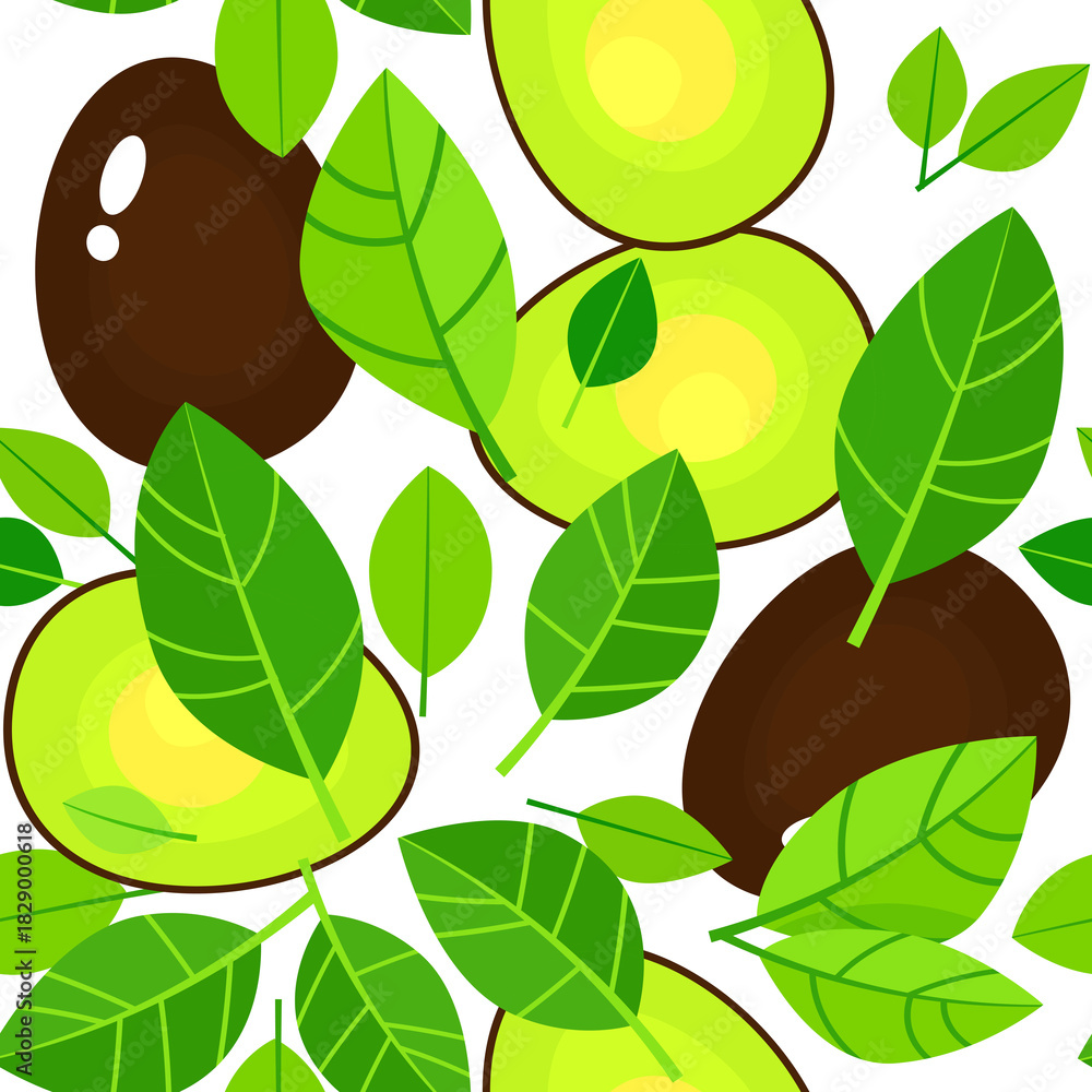 Fototapeta premium Seamless pattern of avocado and green leaves on a white background