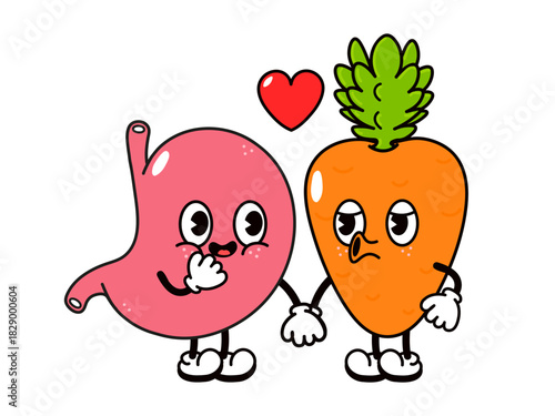 Cute cartoon stomach and carrot characters holding hands