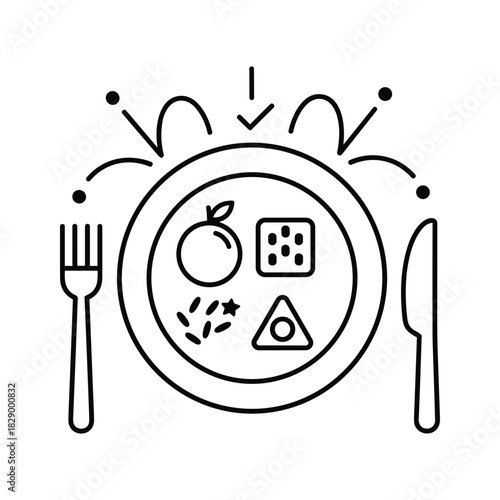 Line icon representing balanced meal portion control and healthy eating on plate isolated on