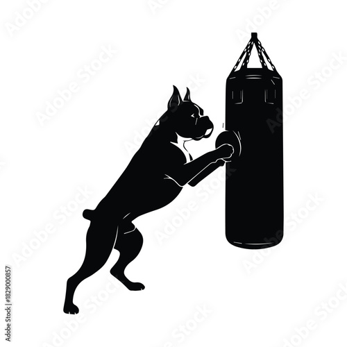Boxer dog silhouette training hitting heavy punching bag vector illustration Vector, illustration