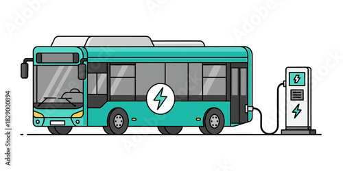 Modern vector illustration of a teal (greenish blue) electric bus (e-bus) connected and charging at a public EV charging station