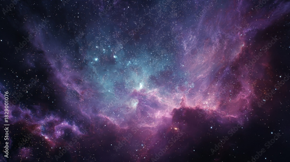 Fototapeta premium A vibrant nebula glows with rich purples and blues filled with stars and cosmic dust in the night sky.
