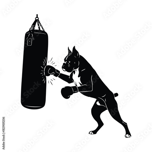 Boxer dog wearing boxing gloves punching a heavy bag, vector silhouette Vector, illustration