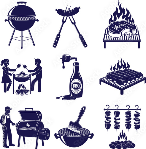 Barbecue and Grilling Icons with Food, Grills, and People Roasting Marshmallows Keywords: barbecue, grill, bbq, food, cooking