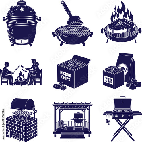 Barbecue Grill And Smoking Wood Chips Icons Set smoker cooking