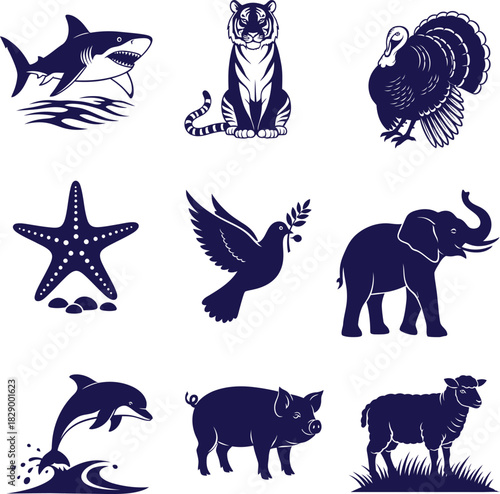 Collection Of Navy Blue Animal Silhouettes Including Shark Tiger Elephant Keywords: animals, wildlife, shark, tiger, turkey