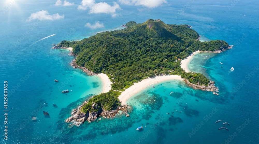 Fototapeta premium Lush green tropical island features pristine white sand beaches and crystal clear turquoise ocean, offering an idyllic escape with boats, paragliders, and visible reef from an aerial perspective