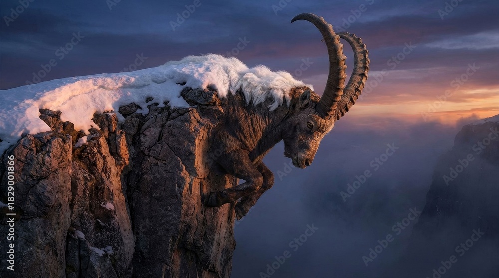 Fototapeta premium Alpine ibex showing strength and agility, leaping from a snow-covered rocky cliff against a dramatic sunset sky with clouds and fog filling the mountain valleys