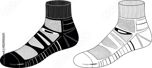 Sock, vector, illustration, sketch, outline, fashion, gear, durable, ergonomic, structured, silhouette, layout, equipment, design, padding, accessory, breathable, reinforced, ribbed