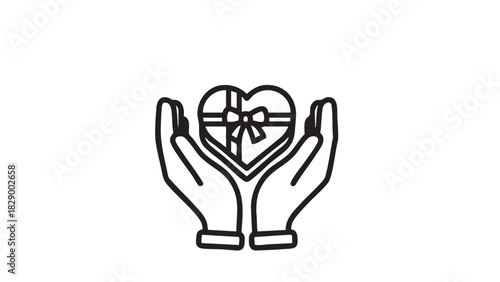 Hands holding a heart-shaped gift box tied with a ribbon, symbolizing love, care, and generosity