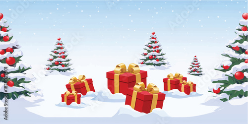 A beautifully decorated Christmas tree with festive holiday gifts, ornaments, and a bright star, covered in snow for a perfect winter celebration