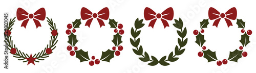Set of Christmas wreath illustrations with bows, holly leaves, berries and evergreen branches. Festive winter holiday decorative elements for cards, invitations, posters, stickers and seasonal designs