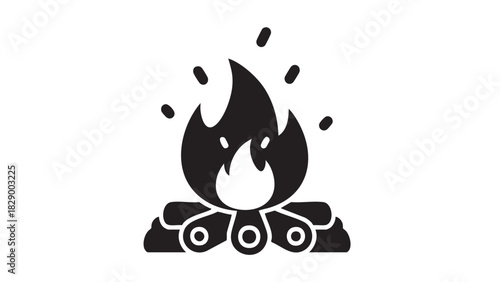 Campfire Icon A Simple Black and White Illustration of Flames and Logs on a White Background