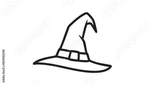 Classic pointed witch hat with a wide brim and band, depicted in a simple black and white line art style. An isolated vector illustration for Halloween or magical fantasy themes