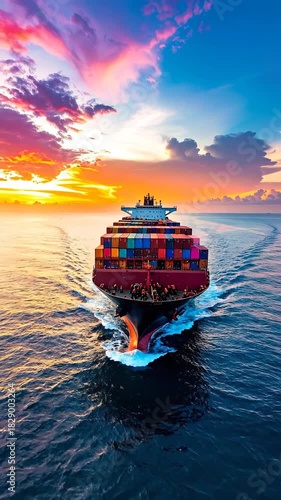 Massive Cargo Ship Navigates Ocean Waters Under Dramatic Sunset Sky with Vibrant Orange and Purple Clouds