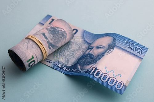 Economic concept with ten thousand Chilean peso banknotes