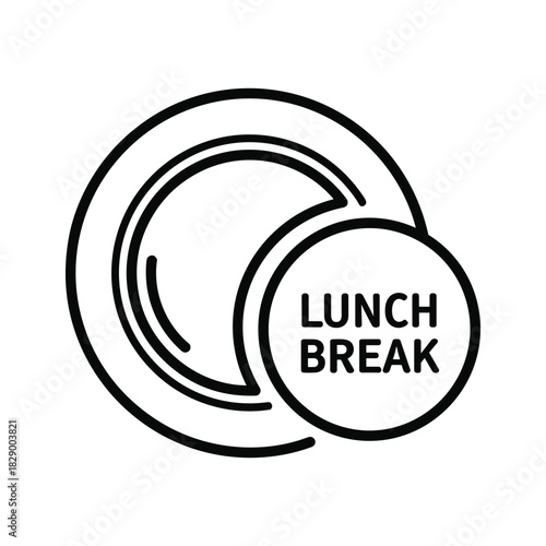 Black and white line art icon representing a lunch break with a plate and text, isolated on