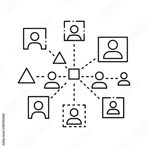 Network of people connected through a central hub, representing social connections and business relationships