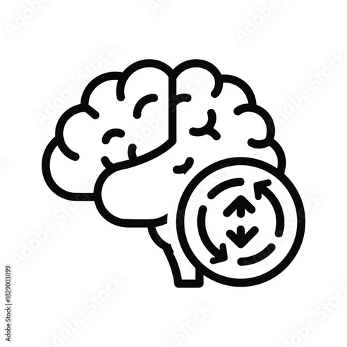Brain with refresh or sync icon representing mental process, cognitive function, memory update, and continuous learning