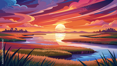 Very beautiful sunset over a wide coastal salt marsh, glowing sky reflecting in calm tidal water, soft grasses, peaceful shoreline atmosphere, and serene nature tones forming a tranquil scenic landsca